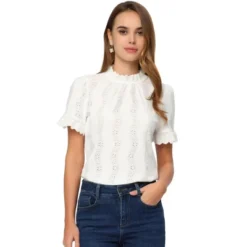 Allegra K Women's Crochet Eyelet Top Mock Neck Puff Sleeve Ruffle Casual Embroidery Blouse -Allegra K GUEST 77f0c4bb e152 441b ad99 f107201c9d37