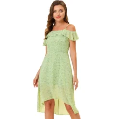 Allegra K Women's Spaghatti Straps Ruffled Sleeves Asymmetrical High Low Floral A-Line Midi Dress -Allegra K GUEST 77fa1271 e6b1 42da 96a6 b45eb7db0efa