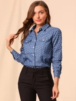 Allegra K Women's Point Collar Chest Pockets Button Down Dots Shirt -Allegra K GUEST 78a44285 9d83 4c44 ac54 b5df70b5895e