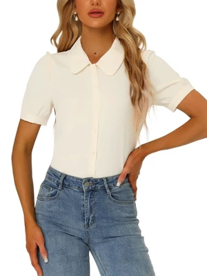 Allegra K Women's Peter Pan Collar Short Sleeve Button Front Work Shirt 8 Allegra K Women's Peter Pan Collar Short Sleeve Button Front Work Shirt - Image 8