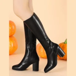 Allegra K Women's Round Toe Block Heels Knee High Boots