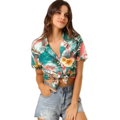 Allegra K Women's Hawaiian Floral Leaves Printed Short Sleeve Button Down Vintage Beach Shirt -Allegra K GUEST 794de2db 035f 4154 9aa2 718bdef11b78