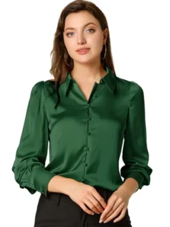 Allegra K Women's Satin Puff Sleeve Point Collar Vintage Button Up Shirt -Allegra K GUEST 79827999 09a7 4eab 84c2 7f5300906fe5