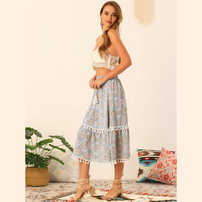Allegra K Women's Vintage Printed Elastic Waist Tiered Tassel Fringe Midi Skirt 2 Allegra K Women's Vintage Printed Elastic Waist Tiered Tassel Fringe Midi Skirt - Image 2