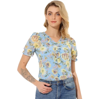 Allegra K Women's Ruffle V Neck Puff Short Sleeve Floral Blouse 8 Allegra K Women's Ruffle V Neck Puff Short Sleeve Floral Blouse - Image 8