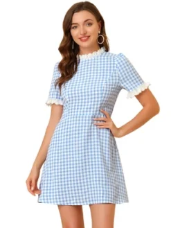 Allegra K Women's Summer Ruffle Neck Lace Panel Short Sleeve Check Gingham Dress -Allegra K GUEST 7b9d61ff f822 495b 9e69 2fb131edfcf4
