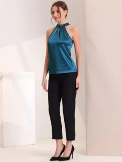 Allegra K Women's Work Mock Halter Neck Pleated Keyhole Sleeveless Satin Tank Tops -Allegra K GUEST 7c8bea5f c913 437c b7f6 5547fd4682d4