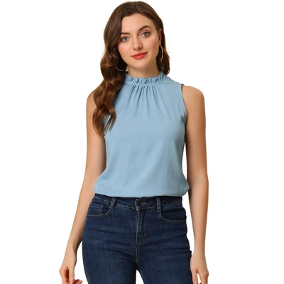 Allegra K Women's Sleeveless Frill Mock Neck Ruffle Chambray Blouse 10 Allegra K Women's Sleeveless Frill Mock Neck Ruffle Chambray Blouse - Image 10