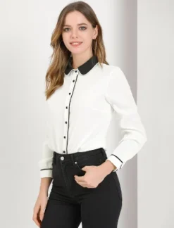 Allegra K Women's Vintage Button Down Contrast Peter Pan Collar Office Work Blouse