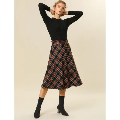 Allegra K Women's Tartan Plaid High Waist Belted Vintage A-Line Midi Skirt 3 Allegra K Women's Tartan Plaid High Waist Belted Vintage A-Line Midi Skirt - Image 3