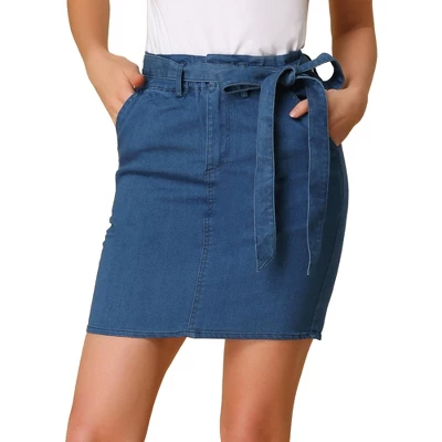 Allegra K Women's Summer High Waist Paper Bag Elastic Knot Belted Denim Skirt 1 Allegra K Women's Summer High Waist Paper Bag Elastic Knot Belted Denim Skirt