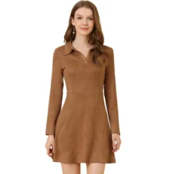 Allegra K Women's Faux Suede Lapel Neck Long Sleeve Elegant A-Line Mini Dress -Allegra K GUEST 7eb229f5 3f53 4ed0 afe5 c3f82d5264f5