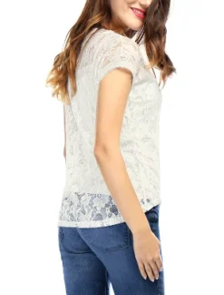 Allegra K Women Curved Hem Sheer Short Sleeves Floral Lace Blouse Top -Allegra K GUEST 7ee1113b 22e8 41ee 9274 4da8c737e711