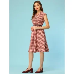 Allegra K Women's Retro Button Front Belted Cap Sleeve A-line Plaid Dress