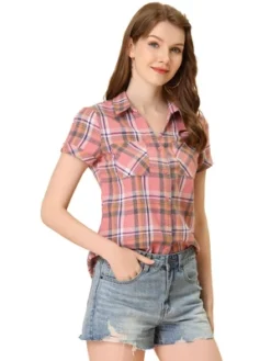 Allegra K Women's Point Collar Short Sleeve Button Down Plaid Shirt -Allegra K GUEST 7f3bfa85 e774 4508 b1cb fdf3b8a3ad71