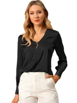 Allegra K Women's Elegant Satin Long Sleeve Office Work Blouses Tops -Allegra K GUEST 7f629b94 0706 4e58 8cf4 ad6a682f4bbd
