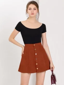 Allegra K Women's Faux Suede Button Closure A-Line High Waisted Flared Mini Short Skirt -Allegra K GUEST 803b5095 500f 4fa7 a438 03084a06dfb4