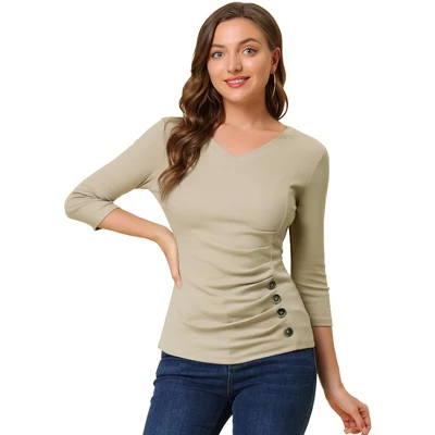 Allegra K Women's V Neck 3/4 Sleeves Solid Knitted Buttons Decor Ruched Blouse 8 Allegra K Women's V Neck 3/4 Sleeves Solid Knitted Buttons Decor Ruched Blouse - Image 8