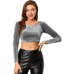 Allegra K Women's Velvet Scoop Neck Long Sleeve Solid Crop Top -Allegra K GUEST 814655a2 c995 47fe add6 6f87622014cc