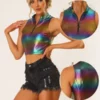 Allegra K Women's Metallic Mock Neck Zip-Up Shiny Holographic Crop Tank Top