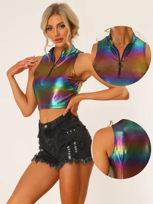 Allegra K Women's Metallic Mock Neck Zip-Up Shiny Holographic Crop Tank Top 1 Allegra K Women's Metallic Mock Neck Zip-Up Shiny Holographic Crop Tank Top