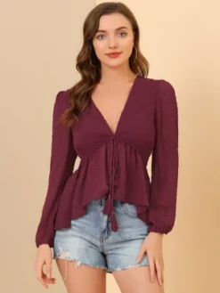 Allegra K Women's Deep V Neck Chiffon Top Swiss Dots Ruffle Hem Long Sleeve Peplum Top -Allegra K GUEST 8190ff9d c584 457b 9985 34fea33c6f61