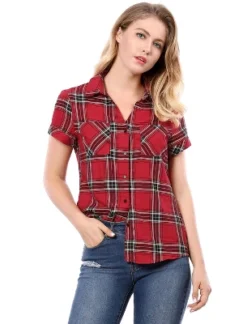 Allegra K Women's Point Collar Short Sleeve Button Down Plaid Shirt -Allegra K GUEST 82403b5c 9ecd 43a8 be43 d5272f733e5b