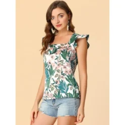 Allegra K Women's Tropical Floral Printed Square Neck Ruffle Sleeve Tank Top -Allegra K GUEST 82b07a92 6b93 4e86 b7ea 43be8b3f0a63