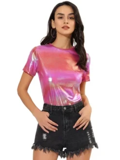 Allegra K Women's Party Metallic Textured Short Sleeve Shiny T-shirts -Allegra K GUEST 82dcbd08 224f 4c1c a9ca f99eadb84578