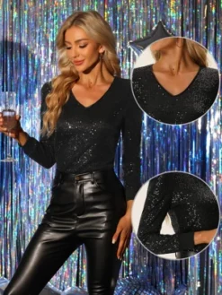 Allegra K Sequin Top For Women's V Neck Party Metallic Sparkly Blouse