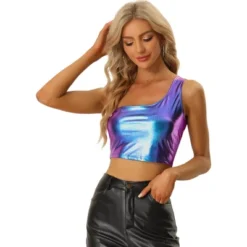 Allegra K Women's Metallic Cropped One Shoulder Party Tank Tops -Allegra K GUEST 8307f467 11d0 431b bae5 475f8d6faf64