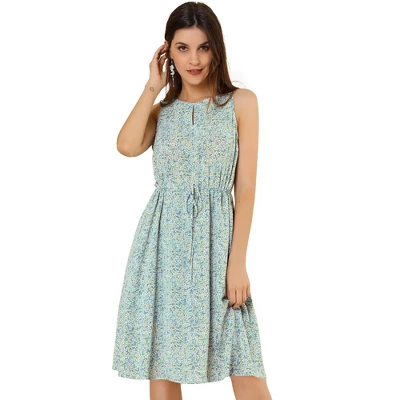 Allegra K Women's Floral Printed Split Neck Drawstring Waist Sleeveless A-Line Midi Dress 7 Allegra K Women's Floral Printed Split Neck Drawstring Waist Sleeveless A-Line Midi Dress - Image 7
