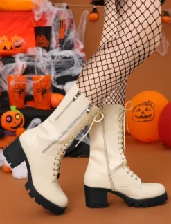 Allegra K Women's Lace Up Platform Chunky Heel Mid Calf Boots