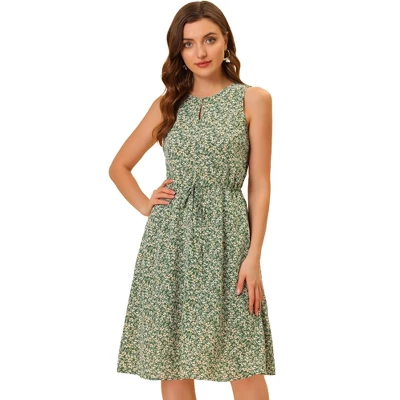 Allegra K Women's Floral Printed Split Neck Drawstring Waist Sleeveless A-Line Midi Dress 8 Allegra K Women's Floral Printed Split Neck Drawstring Waist Sleeveless A-Line Midi Dress - Image 8