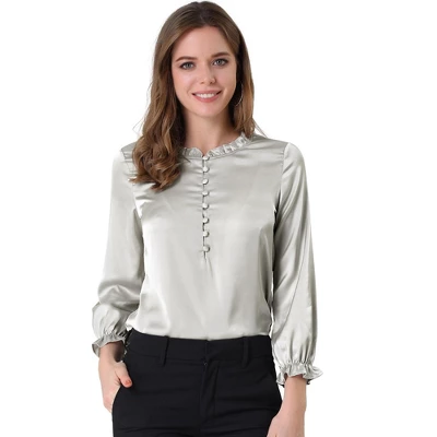 Allegra K Women's Ruffle Neck Long Sleeve Elastic Cuff Button Work Office Satin Shirt Blouse 6 Allegra K Women's Ruffle Neck Long Sleeve Elastic Cuff Button Work Office Satin Shirt Blouse - Image 6