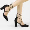 Allegra K Women's Pointed Toe Chunky Heels Lace Up Sandals Pumps