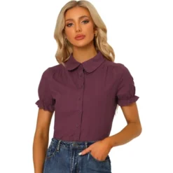 Allegra K Women's Collared Frilled Short Sleeve Solid Shirts -Allegra K GUEST 85635ea2 4937 4e41 9524 9d03bec76591
