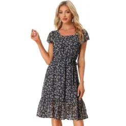 Allegra K Women's Floral Chiffon Flutter Sleeve Belted Square Neck Ruffled Hem Dress -Allegra K GUEST 85946b97 4d93 4917 bf02 9558ea9f63b8