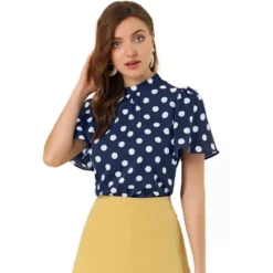 Allegra K Women's Polka Dots Stand Collar Pleat Keyhole Back Short Flare Sleeve Tops -Allegra K GUEST 85e4c633 bb19 4841 b61d 9f49aa66150b