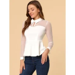 Allegra K Women's Mesh Sheer Long Sleeve Blouse Turn Down Collar Keyhole Peplum Top