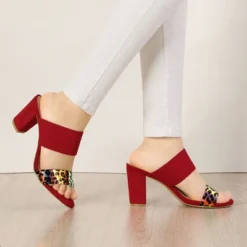 Allegra K Women's Leopard Printed Block Heeled Slide Sandals