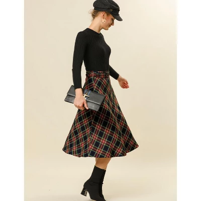 Allegra K Women's Tartan Plaid High Waist Belted Vintage A-Line Midi Skirt 2 Allegra K Women's Tartan Plaid High Waist Belted Vintage A-Line Midi Skirt - Image 2