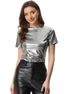 Allegra K Women's Party Metallic Textured Short Sleeve Shiny T-shirts -Allegra K GUEST 8698e74f c83b 4824 a8d3 c845c0b0898e