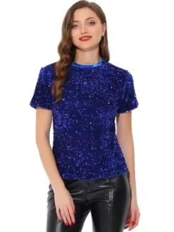 Allegra K Women's Sequin Velvet Crew Neck Short Sleeve T-shirt -Allegra K GUEST 86cbbcbe 1802 4339 b0af 17537f35c29e
