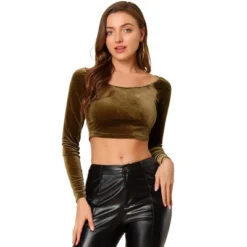 Allegra K Women's Velvet Scoop Neck Long Sleeve Solid Crop Top -Allegra K GUEST 87079a6b ee29 47de 9cab a74df5a1824f