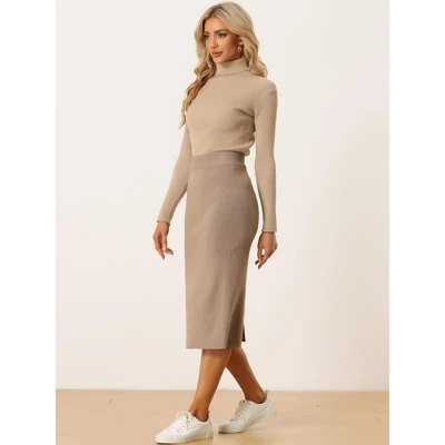 Allegra K Women's High Waist Stretchy Rib Knit Slit Hem Pencil Bodycon Sweater Skirt 2 Allegra K Women's High Waist Stretchy Rib Knit Slit Hem Pencil Bodycon Sweater Skirt - Image 2