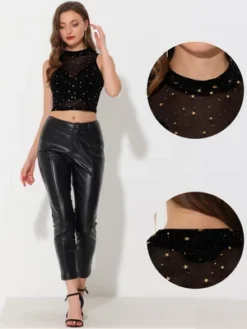 Allegra K Women's Metallic Star Mesh Mock Neck Sleeveless See Through Party Crop Top