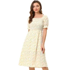 Allegra K Women's Square Neck Puff Sleeves Casual Midi Smocked Floral Dress -Allegra K GUEST 880f6d1c 164c 443f b03c 04a6ed095a5a