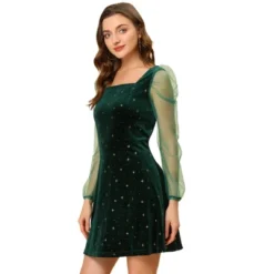 Allegra K Women's Mesh Sheer Puff Long Sleeve Square Neck Glitter Star Mini Velvet Dress -Allegra K GUEST 881e1f1e 682a 49c3 8927 3688a6c9029b