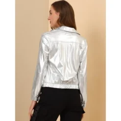 Allegra K Women's Track Holographic Shiny Long Sleeve Metallic Zip Front Jacket -Allegra K GUEST 88239b6a 2bca 4b2a ba95 a14fe3679618